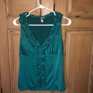 Teal spandex blend tank top with ruffle accent